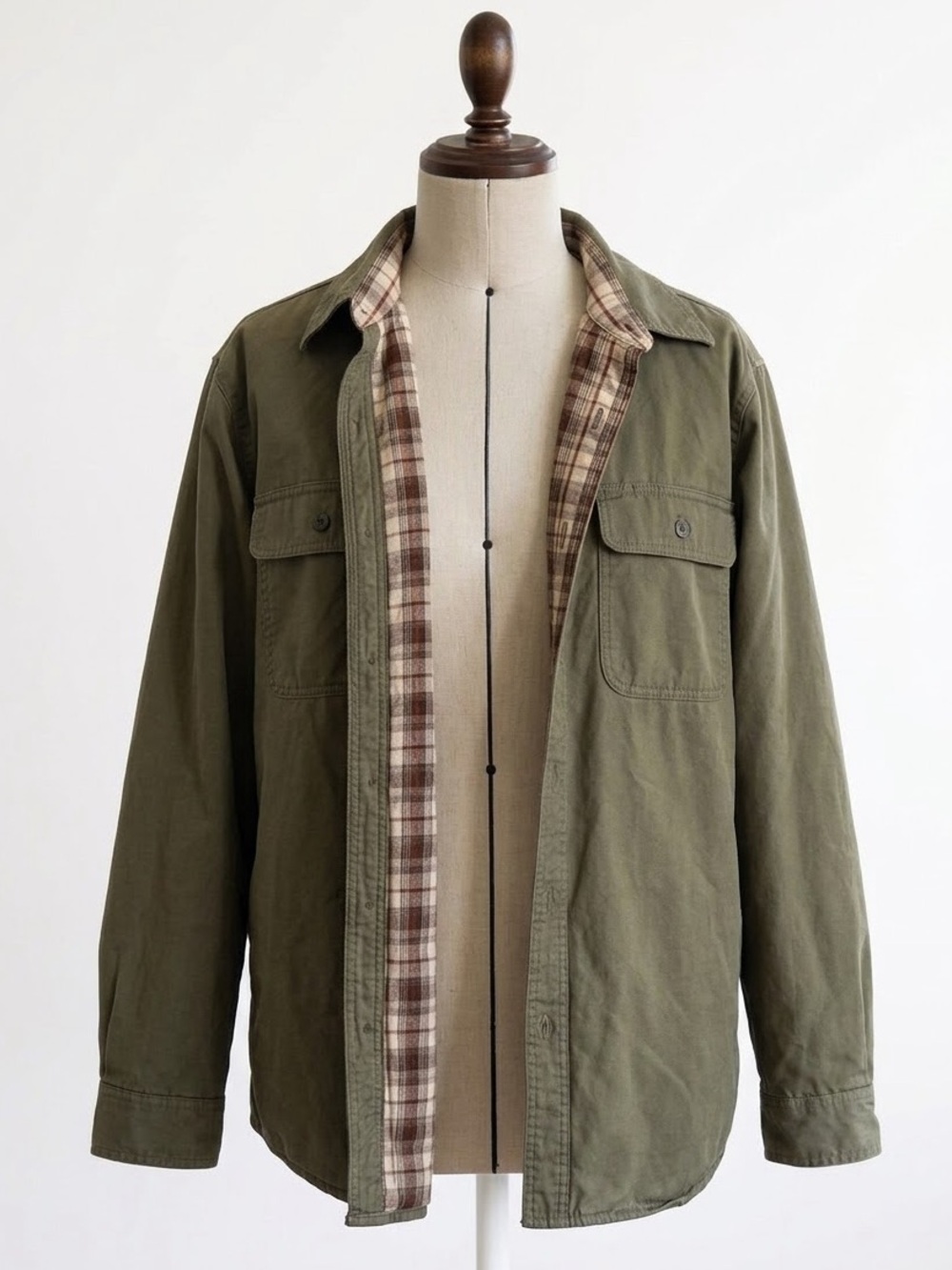 LL Bean Mens Flannel Lined Chore Jacket Olive Green Traditional Fit Canvas